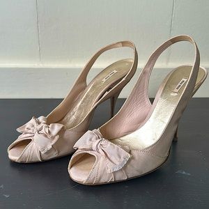 Miu Miu Pink Satin Slingback Heels with Open Toe and Bow Size 38
